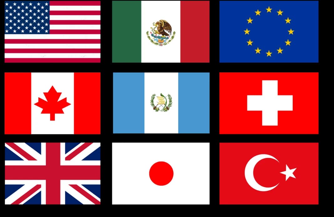 Banderas de divisas disponibles: dólar, euro, dólar canadiense, quetzal, franco suizo, libra, yen, lira turca